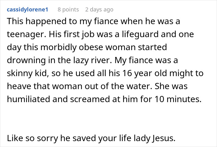 Comment describing a lifeguard’s rescue of a drowning woman and her reaction hurting his fragile male ego.
