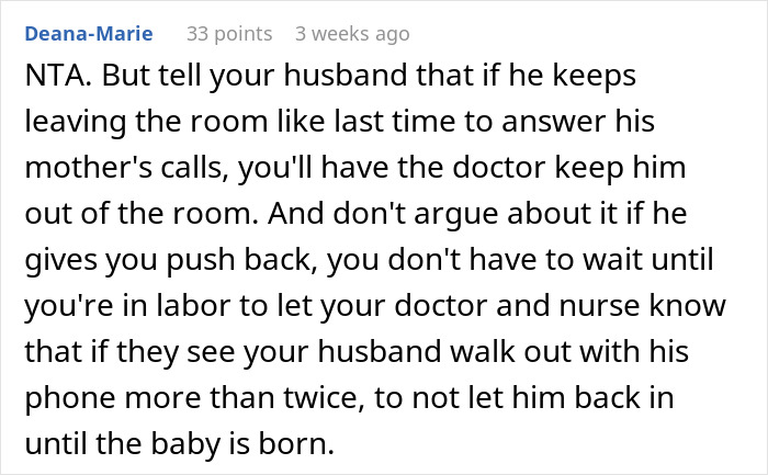 Comment discussing pregnancy news and husband attention over mother-in-law calls. Comment discussing pregnancy news and husband attention over mother-in-law calls.