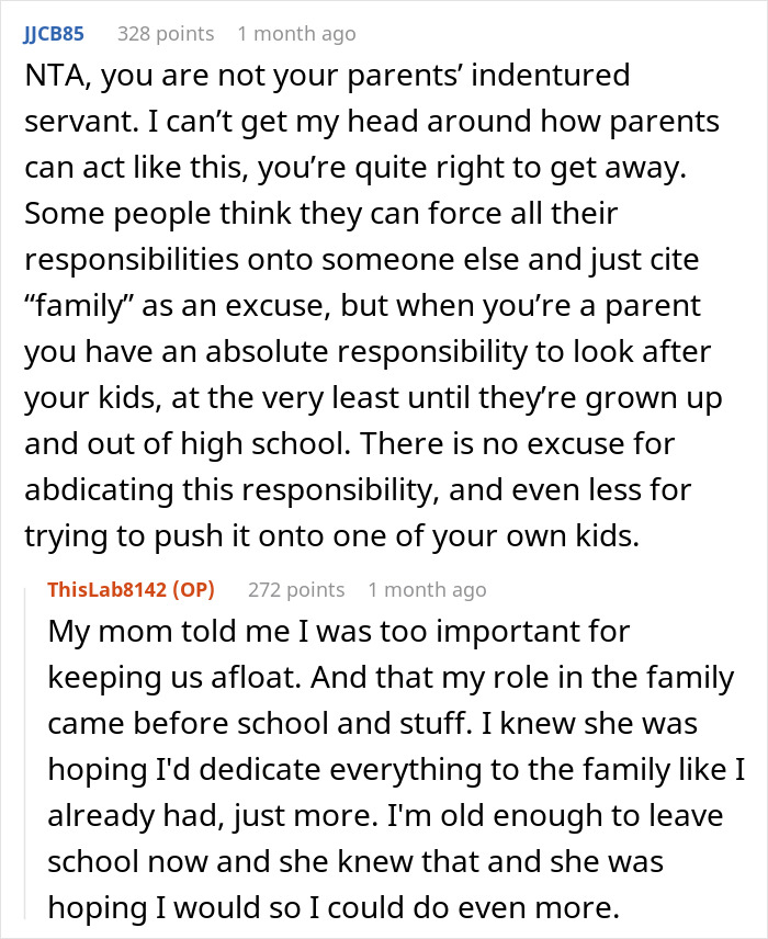 Reddit comments criticizing parenting dynamics, emphasizing undue pressure on teens to be family leaders. Reddit comments criticizing parenting dynamics, emphasizing undue pressure on teens to be family leaders.