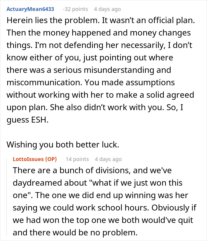 Reddit comments discussing lottery winnings and relationship conflicts, with users sharing opinions and advice. Reddit comments discussing lottery winnings and relationship conflicts, with users sharing opinions and advice.