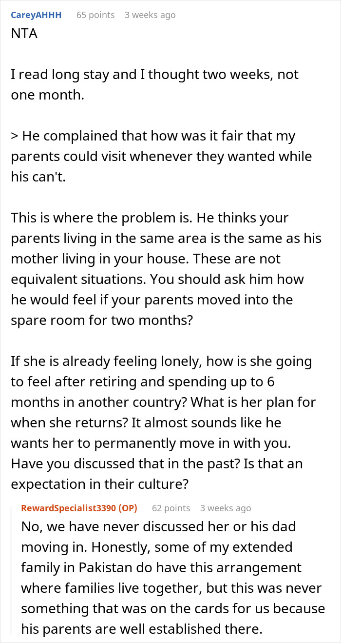Discussion about a mother-in-law's extended stay expectations, addressing cultural and familial living arrangements. Discussion about a mother-in-law's extended stay expectations, addressing cultural and familial living arrangements.