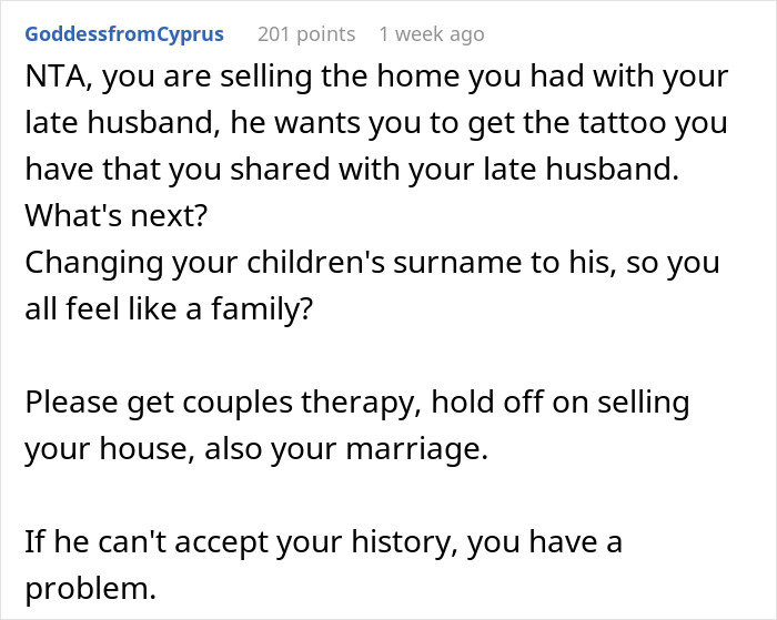 Text discussing a man's upset about future wife keeping a tattoo from her late husband. Text discussing a man's upset about future wife keeping a tattoo from her late husband.