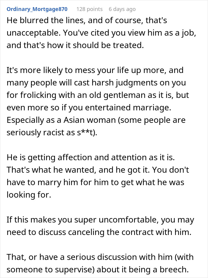 Text comment discussing implications of a sugar daddy relationship turning into a marriage proposal. Text comment discussing implications of a sugar daddy relationship turning into a marriage proposal.