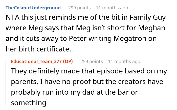 Reddit comments about name change, referencing a Family Guy episode. Reddit comments about name change, referencing a Family Guy episode.