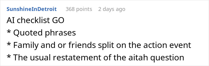Reddit comment discussing AI checklist related to a post about a fiance, daughter, and gold digger theme. Reddit comment discussing AI checklist related to a post about a fiance, daughter, and gold digger theme.