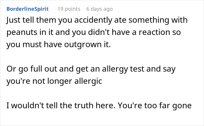 Reddit comment about faking an allergy, suggesting a plan to explain it away or avoid telling the truth. Reddit comment about faking an allergy, suggesting a plan to explain it away or avoid telling the truth.