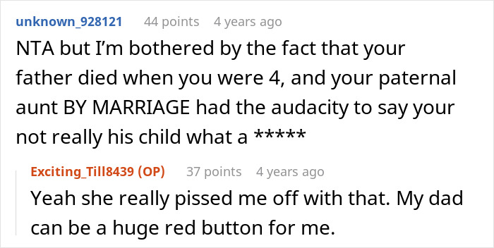 Reddit comment thread discussing family drama, with emphasis on paternal aunt's controversial statement. Reddit comment thread discussing family drama, with emphasis on paternal aunt's controversial statement.