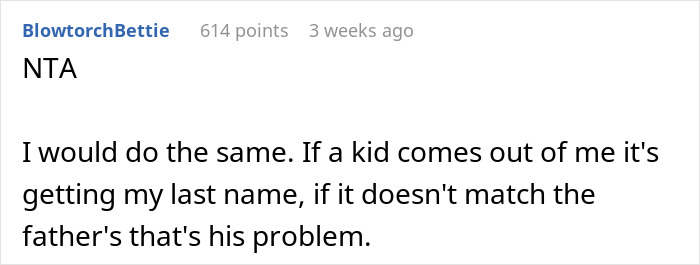 Reddit comment discussing marriage and last name choices for a baby. Reddit comment discussing marriage and last name choices for a baby.