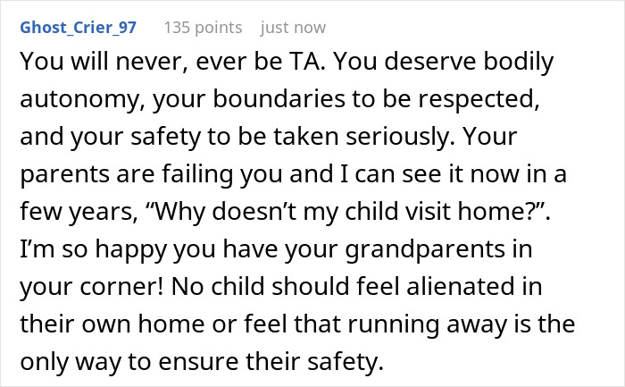 Online comment on harassment, discussing respect and autonomy for a teen choosing to run away for safety. Online comment on harassment, discussing respect and autonomy for a teen choosing to run away for safety.