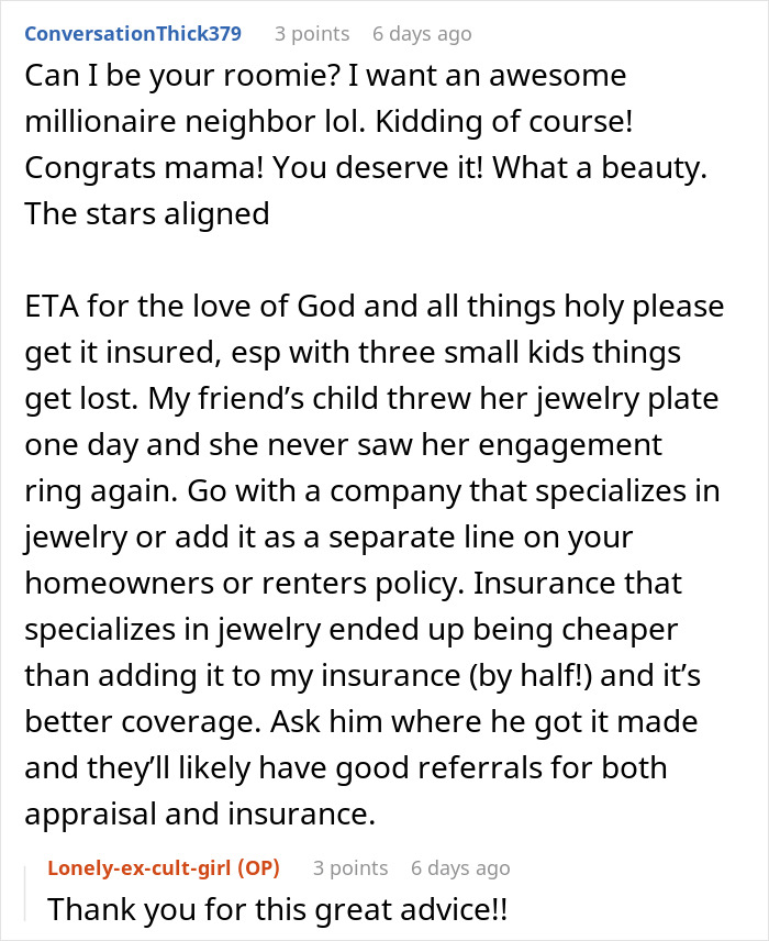 Comment discussing millionaire neighbor’s pricey ring gift to lady for $400 and advice on insuring engagement rings. Comment discussing millionaire neighbor’s pricey ring gift to lady for $400 and advice on insuring engagement rings.