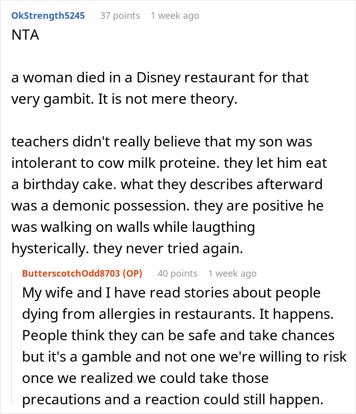 Reddit comments discussing food allergies and safety concerns. Reddit comments discussing food allergies and safety concerns.