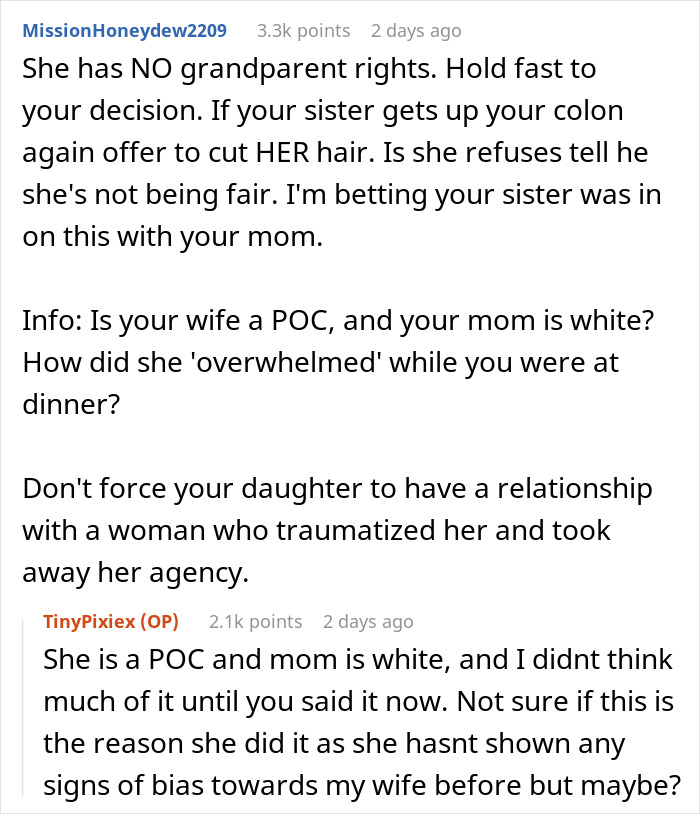 Discussion on unauthorized haircut leads to MIL banned from babysitting; comments on rights and bias. Discussion on unauthorized haircut leads to MIL banned from babysitting; comments on rights and bias.