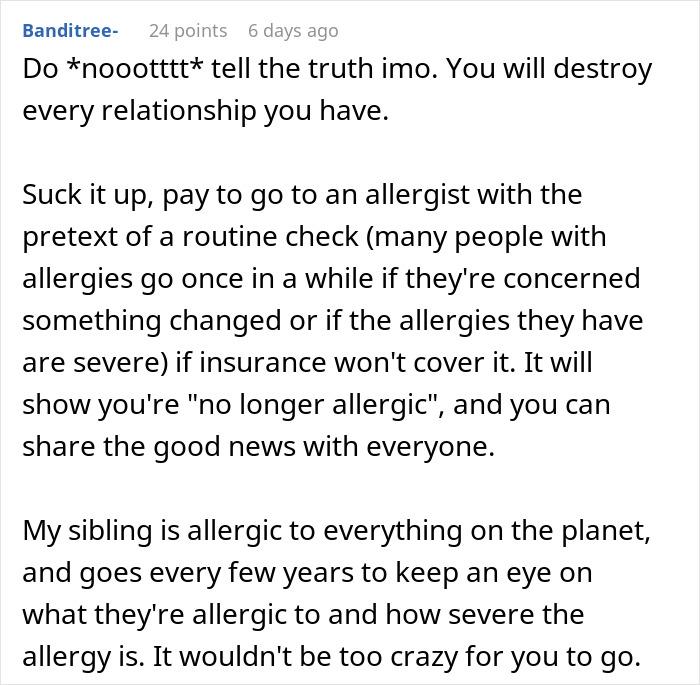 Comment discussing faking an allergy and advice on visiting an allergist. Comment discussing faking an allergy and advice on visiting an allergist.