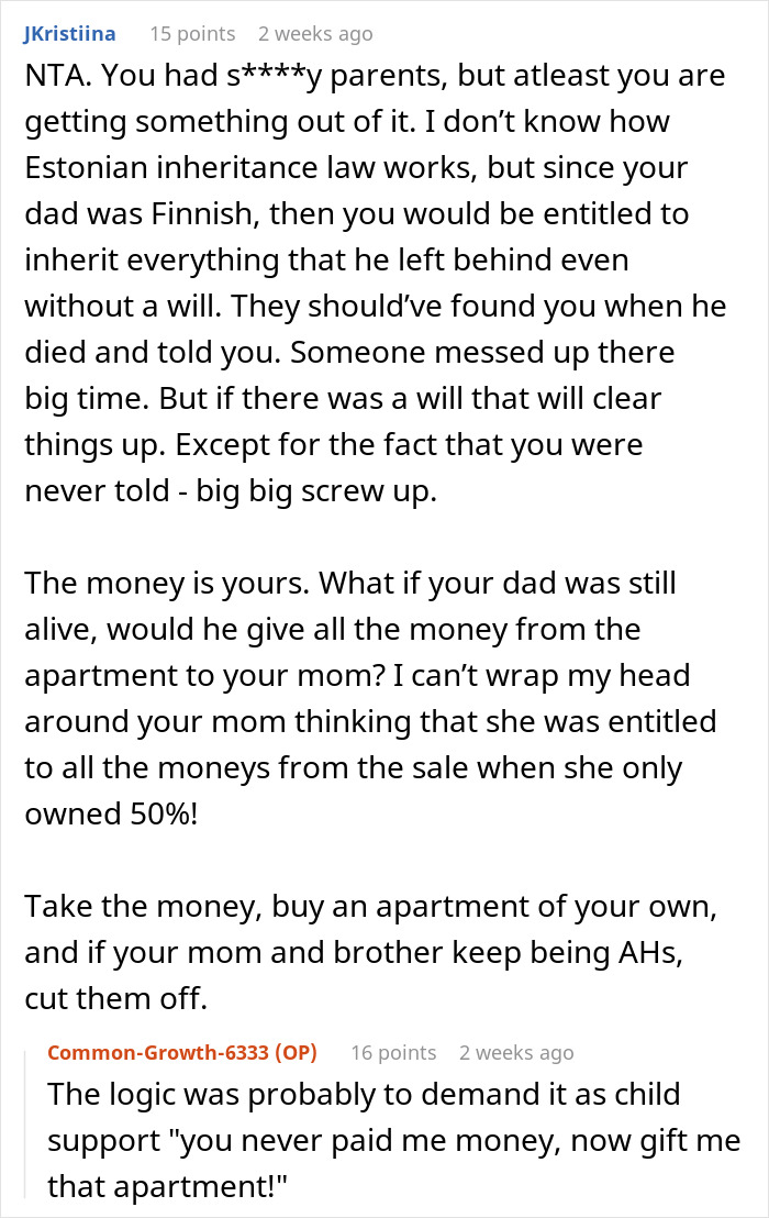 Text screenshot discussing inheritance rights and entitlement to parents' apartment money. Text screenshot discussing inheritance rights and entitlement to parents' apartment money.