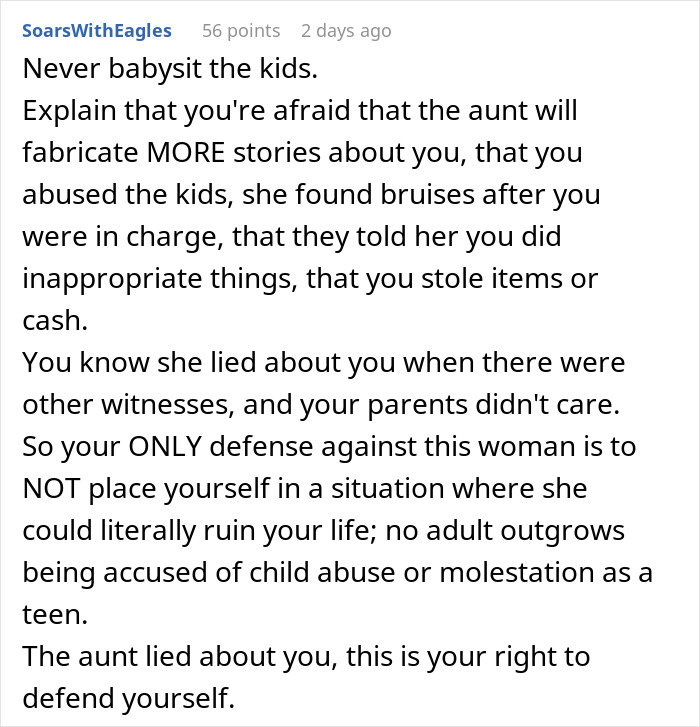 Comment advising not to babysit kids due to aunt’s drama and false abuse accusations in niece’s life conflict. Comment advising not to babysit kids due to aunt’s drama and false abuse accusations in niece’s life conflict.