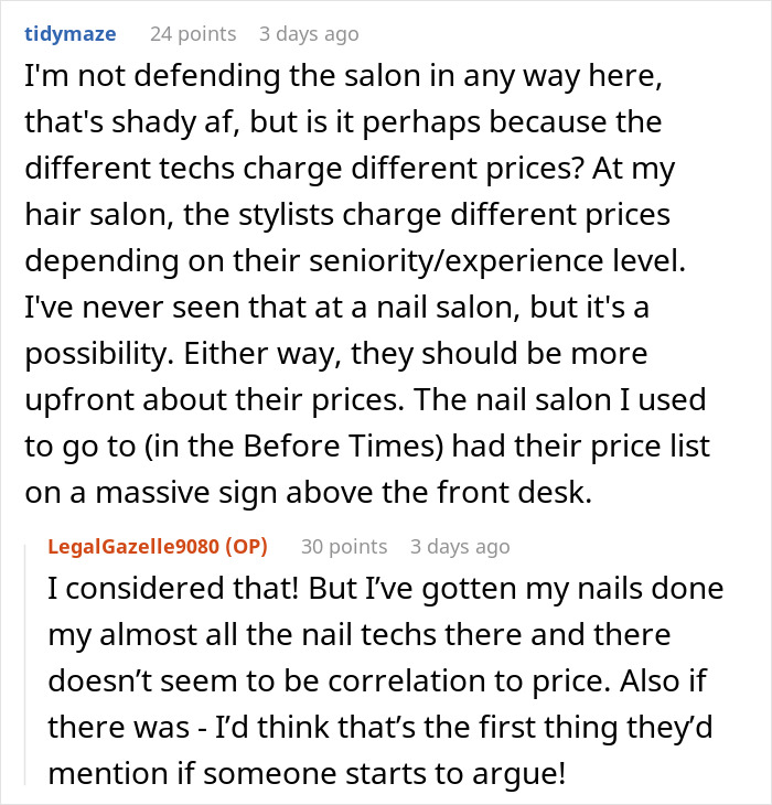 Discussion about nail salon prices in an online forum, with users debating price transparency and fairness. Discussion about nail salon prices in an online forum, with users debating price transparency and fairness.