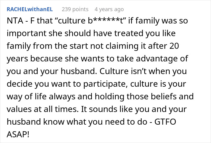 A Reddit user's comment discussing family dynamics and cultural expectations in a relationship. A Reddit user's comment discussing family dynamics and cultural expectations in a relationship.