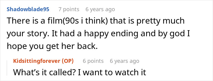 Text exchange about a film resembling a babysitting story, discussing its happy ending. Text exchange about a film resembling a babysitting story, discussing its happy ending.