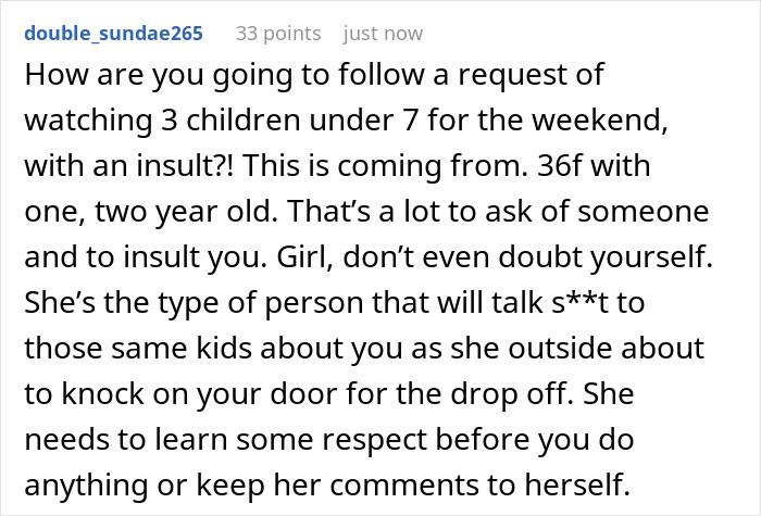 Screenshot of a user comment discussing babysitting stress and respect between siblings. Screenshot of a user comment discussing babysitting stress and respect between siblings.