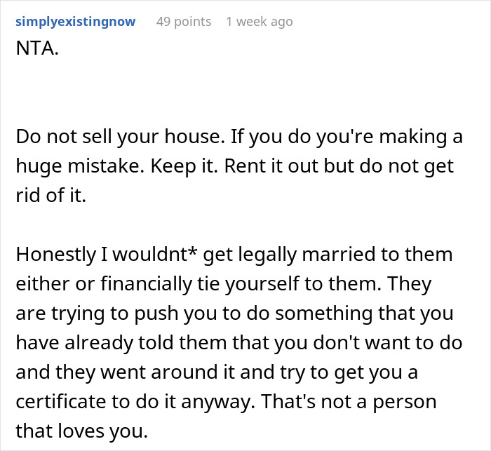 Reddit comment advising against selling a house and warning about marriage under pressure, related to a tattoo. Reddit comment advising against selling a house and warning about marriage under pressure, related to a tattoo.