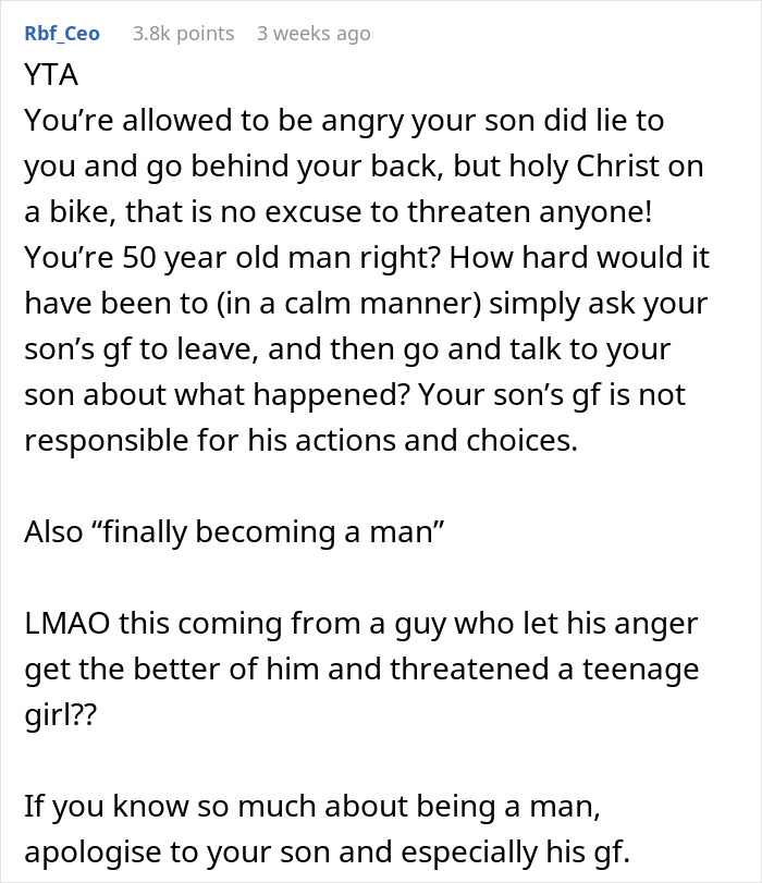 Comment criticizing a dad for banning his son from seeing his girlfriend due to slipping grades. Comment criticizing a dad for banning his son from seeing his girlfriend due to slipping grades.