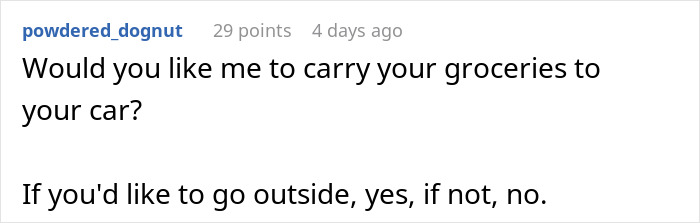 Grocery store employee offers to assist with carrying groceries, following policy exactly. Grocery store employee offers to assist with carrying groceries, following policy exactly.