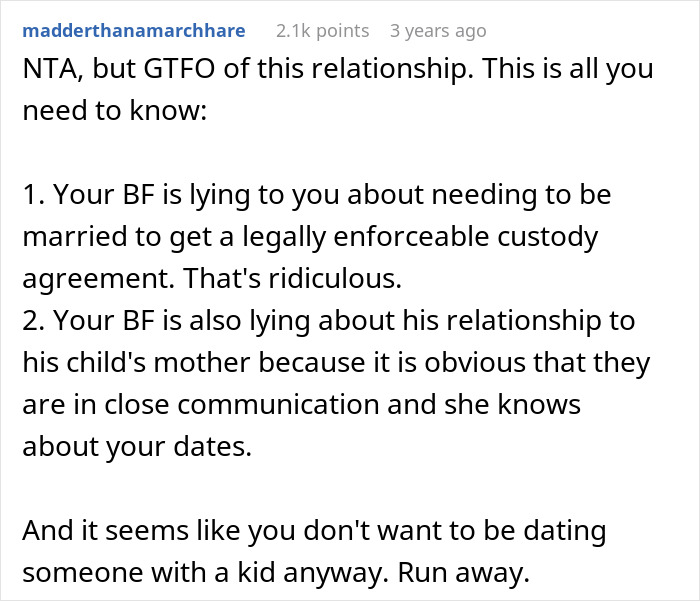 Reddit user advises someone to leave a relationship with a man whose ex knows about his dates. Reddit user advises someone to leave a relationship with a man whose ex knows about his dates.