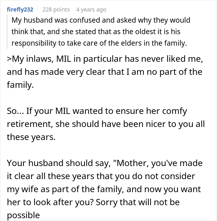 MIL-DIL tension; MIL demands care despite decades of conflict. DIL refuses, citing past treatment. MIL-DIL tension; MIL demands care despite decades of conflict. DIL refuses, citing past treatment.
