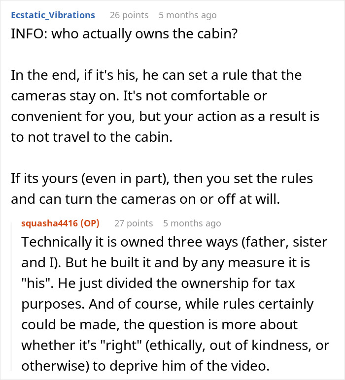 Reddit discussion about vacation house security camera control and family ownership rules. Reddit discussion about vacation house security camera control and family ownership rules.