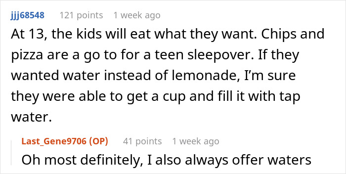 Comments discussing serving pizza and snacks at a teen sleepover. Comments discussing serving pizza and snacks at a teen sleepover.