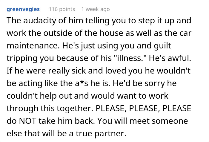 Reddit comment about someone using illness as an excuse to avoid cleaning and spending time with a girlfriend. Reddit comment about someone using illness as an excuse to avoid cleaning and spending time with a girlfriend.