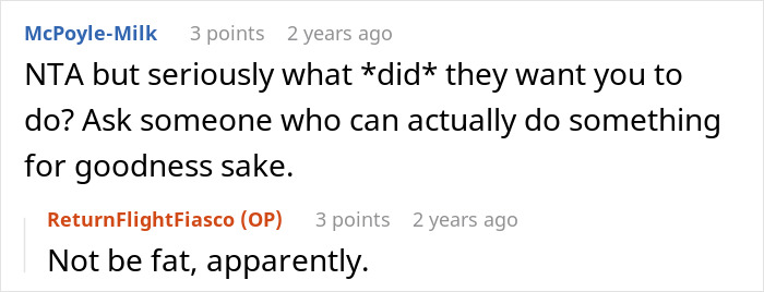 Reddit exchange about woman booking two plane seats, discussing body size concerns. Reddit exchange about woman booking two plane seats, discussing body size concerns.