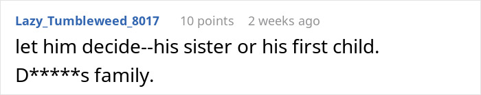 Comment discussing whether husband should prioritize sister's wedding or child's birth. Comment discussing whether husband should prioritize sister's wedding or child's birth.