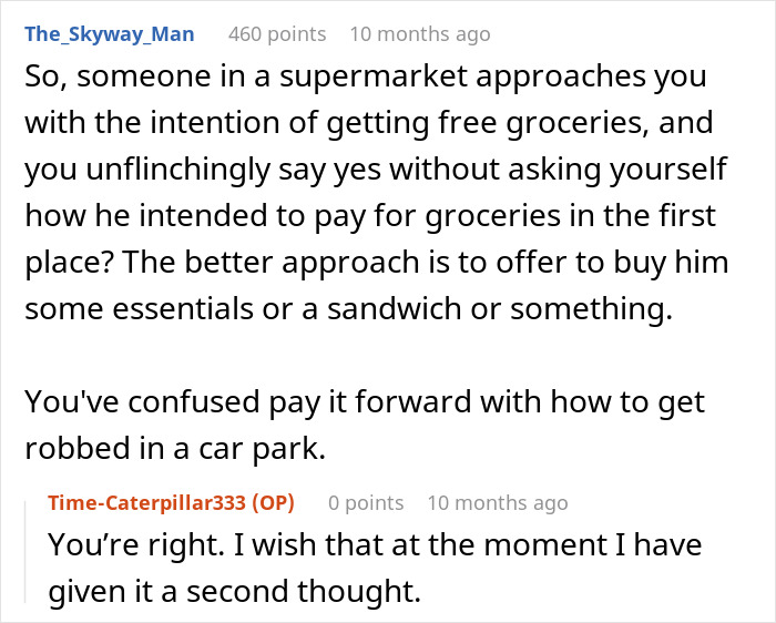 Man asking stranger to pay for groceries in supermarket, then loading up his cart with items.