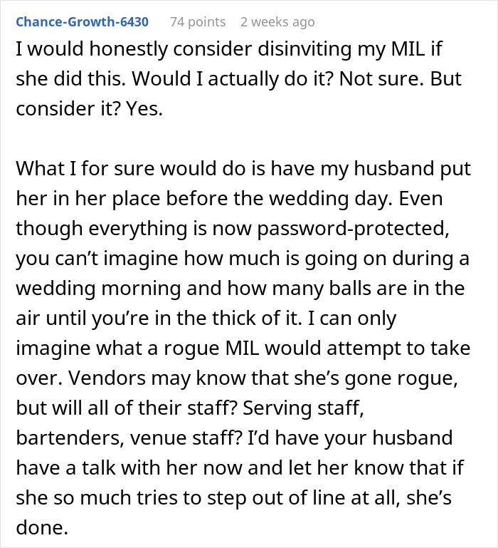 Text conversation about password protecting everything to prevent MIL from meddling in wedding plans. Text conversation about password protecting everything to prevent MIL from meddling in wedding plans.