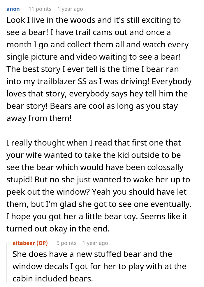 Text conversation about a girl with leukemia watching for bears at night, discussing her dad and bear sightings.