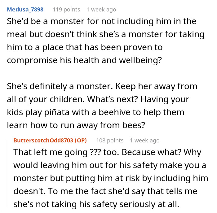 Reddit comments discussing SIL disregarding 7-year-old's allergies, questioning her concern for his safety. Reddit comments discussing SIL disregarding 7-year-old's allergies, questioning her concern for his safety.