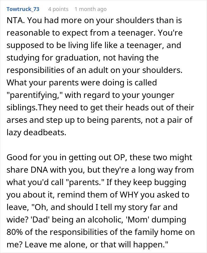 Reddit comment discussing "parentifying" of a teenager, criticizing parents for forcing adult responsibilities. Reddit comment discussing "parentifying" of a teenager, criticizing parents for forcing adult responsibilities.
