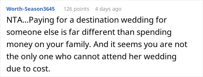 Screenshot of a Reddit comment discussing costs of attending an expensive wedding versus an affordable getaway with husband.