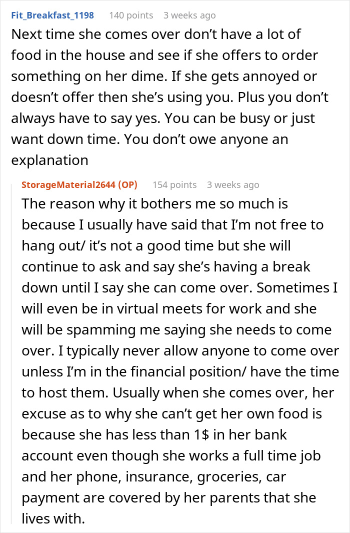 Text exchange discussing a woman upset over a friend regularly eating $60 of her groceries without offering to pay. Text exchange discussing a woman upset over a friend regularly eating $60 of her groceries without offering to pay.