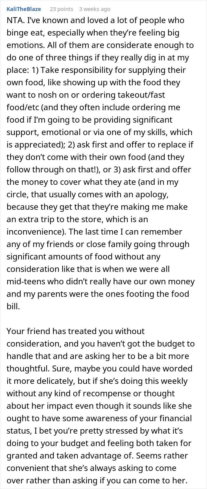 Reddit post discussing a woman confronting a friend who often consumes $60 worth of her groceries, emphasizing consideration. Reddit post discussing a woman confronting a friend who often consumes $60 worth of her groceries, emphasizing consideration.