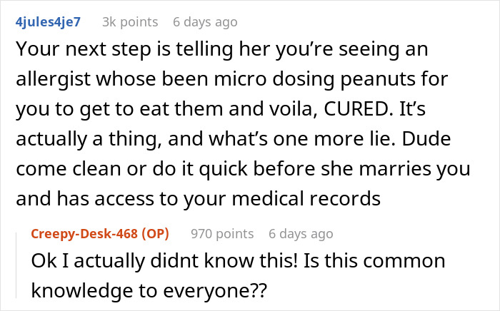 Reddit comment discussing fake allergy cure through micro dosing peanuts. Reddit comment discussing fake allergy cure through micro dosing peanuts.