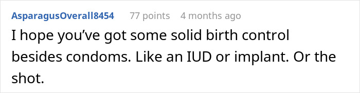 Comment discussing birth control options like IUDs, implants, or shots. Comment discussing birth control options like IUDs, implants, or shots.