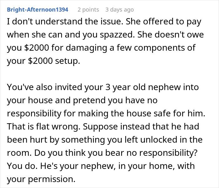 Text exchange discussing family drama and $2000 damages involving sister and nephew during a visit. Text exchange discussing family drama and $2000 damages involving sister and nephew during a visit.