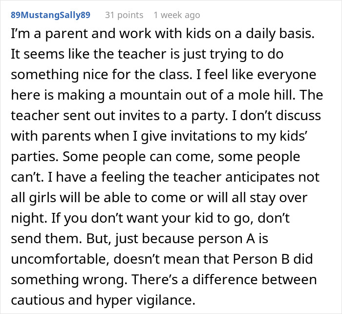 Text from a forum discussing a parent's feelings about a dance teacher's sleepover invitation. Text from a forum discussing a parent's feelings about a dance teacher's sleepover invitation.