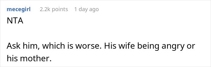 Reddit comment discussing family tensions involving mother and wife reactions. Reddit comment discussing family tensions involving mother and wife reactions.