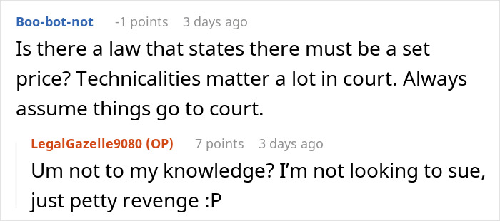 Reddit discussion on nail salon pricing legalities and petty revenge, featuring comments by two users. Reddit discussion on nail salon pricing legalities and petty revenge, featuring comments by two users.