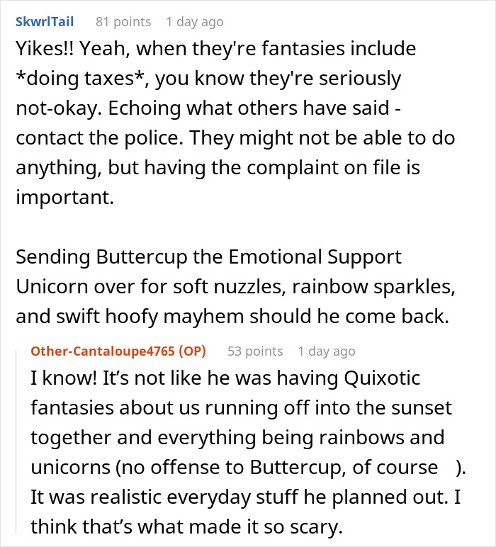 Comments discussing a woman’s clever escape plan from a delusional client, mentioning a support unicorn. Comments discussing a woman’s clever escape plan from a delusional client, mentioning a support unicorn.