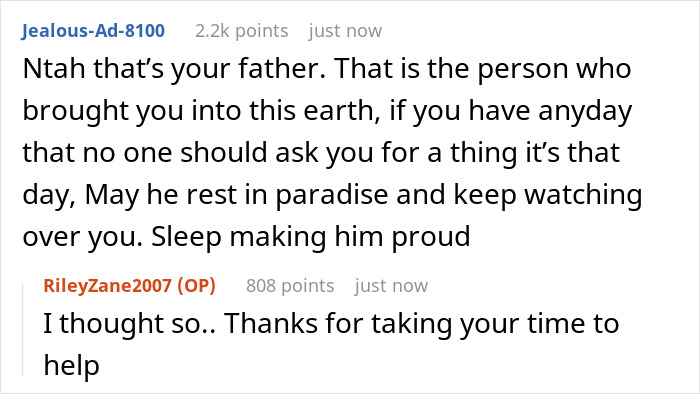 Forum comments about a stepmom asking a teen to babysit during a father's funeral, teen responds passionately. Forum comments about a stepmom asking a teen to babysit during a father's funeral, teen responds passionately.