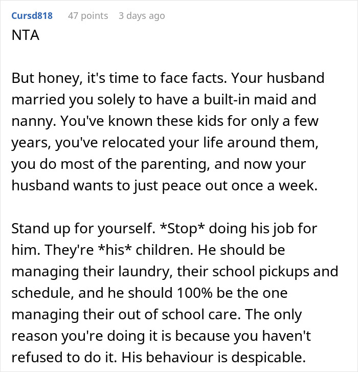 Comment discussing husband expectations for parenting duties. Comment discussing husband expectations for parenting duties.